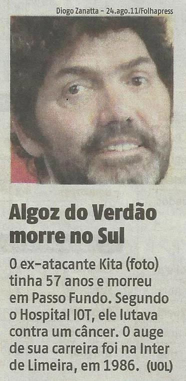Nota publicada no jornal Agora S.Paulo em 4 de outubro de 2015, sobre a morte de Kita. Foto: Diogo Zanatta/Folhapress