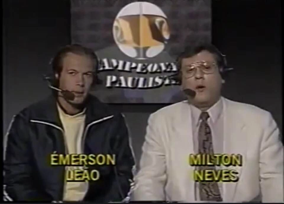 Emerson Leão e Milton Neves, comentarista e narrador da TV Jovem Pan em 1990. Foto: Reprodução