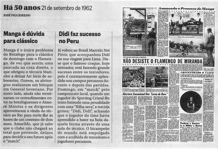 Confira notas sobre Manga ser o único problema do Botafogo para clássico contra o Flamengo e sobre Didi, que estava fazendo sucesso no Peru. Imagem reprodução do jornal 