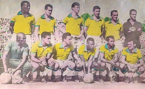 Seleção brasileira com Djalma Santos, Zito, Bellini, Nilton Santos, Vitor e Gilmar em pé e Mário Américo, Garrincha, Chinesinho, Pelé, Quarentinha e Pepe