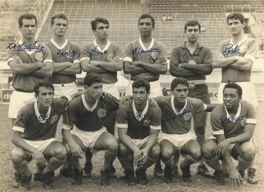 Aspirantes do Palmeiras que enfrentaram o Santos na Vila Belmiro em 1965. Em pé, da esquerda para a direita: Zé Carlos, Santo, Écio Pasca, Minuca, Raul Marcel e Paulo. Agachados: Zé Carlos II, Ortiz, Dirceu, Zezinho e Germano. Foto: arquivo pessoal de Zezinho