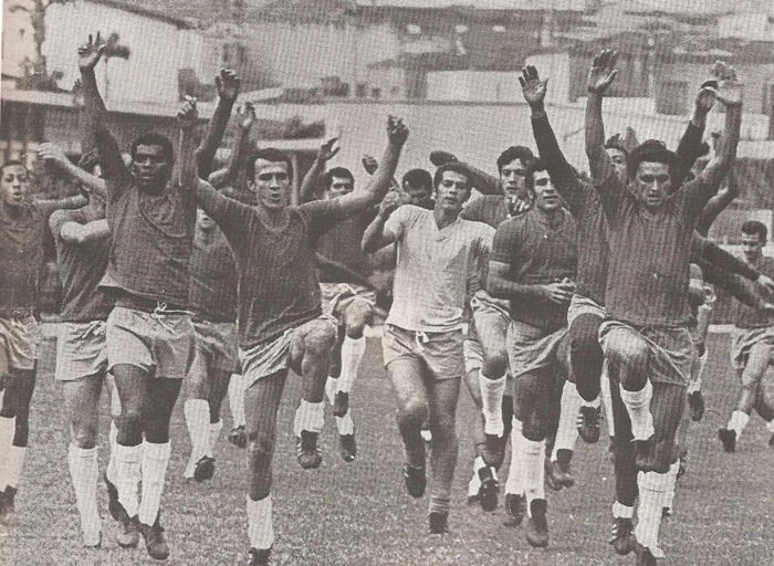 Da esquerda para a direita: Celso, Odair, Roberto, jogador n&atilde;o identificado, Pio, Cezar Marques, Chic&atilde;o, Emerson Le&atilde;o, Leivinha, Alfredo Mostarda, Zeca, Z&eacute; Carlos e Dudu, ao fundo, &agrave; direita. Foto: arquivo pessoal de Cezar Marques