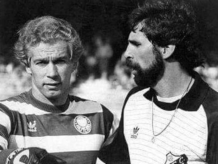 Leão e Rodolfo Rodríguez em 1984, pouco antes de clássico entre Palmeiras e Santos. Foto: Divulgação