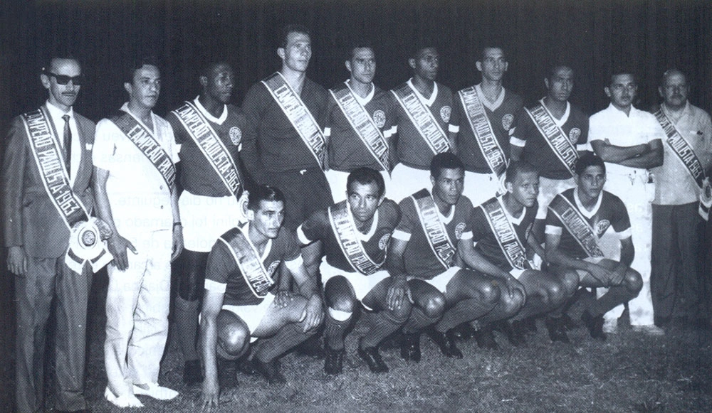 O primeiro t&iacute;tulo da primeira academia palmeirense, em 1963. Da esquerda para a direita, em p&eacute;: Djalma Santos, Picasso, Valdemar Carabina, Djalma Dias, Vicente e Zequinha. Agachados: Julinho Botelho, Vav&aacute;, Serv&iacute;lio, Ademir da Guia e Gildo. Foto: Revista oficial do Palmeiras