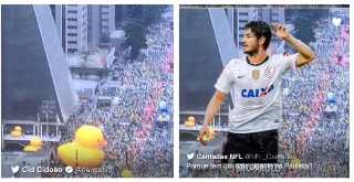 Havia um pato gigante no meio do povo na avenida Paulista 