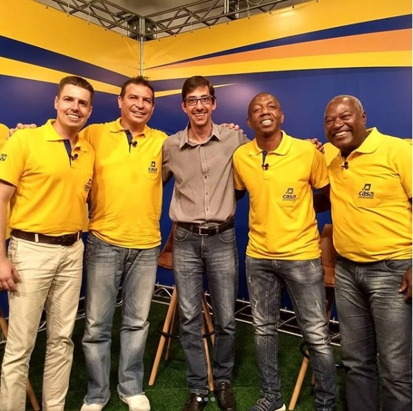 Apresentador Marcel Capretz, Luizão, Matheus Fuzaro, Amaral e Edu em evento da Casa do Construtor, em março de 2018. (Foto: Reprodução – Instagram @marcelcapretz)