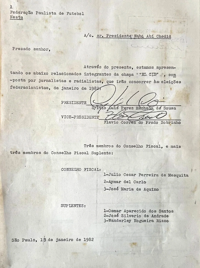 Carta enviada à FPF (Federação Paulista de Futebol), então presidida por Nabi Abi Chedid em 28 de janeiro de 1982, oficializando o registro da Chapa 