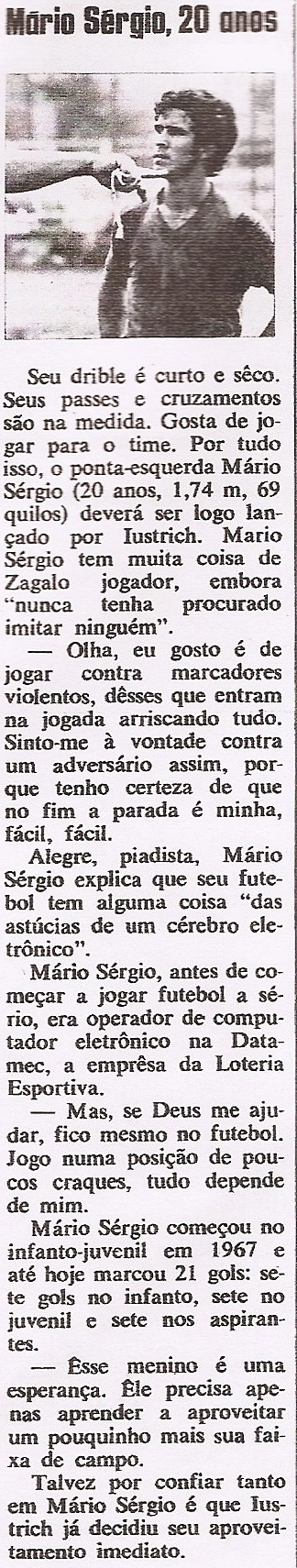 Matéria da revista Placar retrata Mário Sérgio aos 20 anos de idade.

