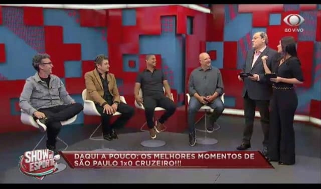 O Show do Esporte da Band em 18 de novembro de 2018. Da esquerda para a direita: Neto, Dario Pereyra, Marcelinho Carioca, Nivaldo de Cillo, Milton Neves e Larissa Erthal