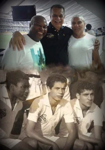 Edu, Negreiros e Werneck, no começo dos anos 2000 e quando jogavam com a camisa do Santos, na década de 1960. Foto: reprodução