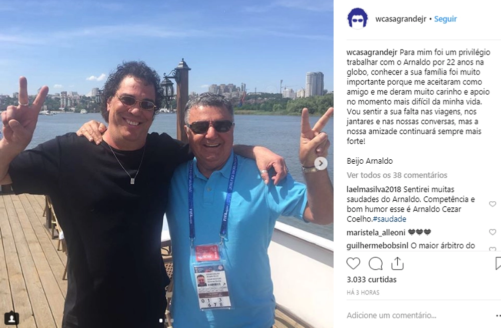 Foto do arquivo de Casagrande que ele postou em 21 de novembro de 2018, homenageando o amigo Arnaldo Cézar Coelho, com quem trabalhou por 22 anos na Rede Globo