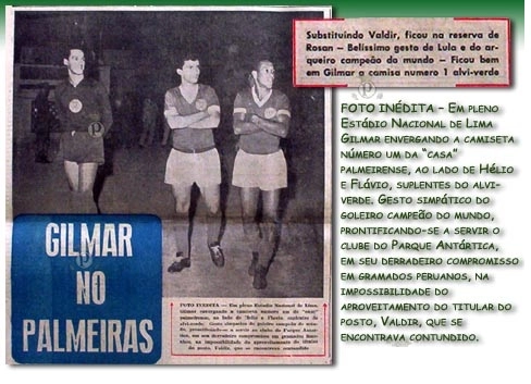 No dia 15 de janeiro de 1962, Gylmar dos Santos Neves, que pertencia ao time de craques do Santos, aceitou ser reserva do Palmeiras em Lima, no Peru. Ao seu lado estão Hélio Burini e Flávio. Foto: arquivo pessoal