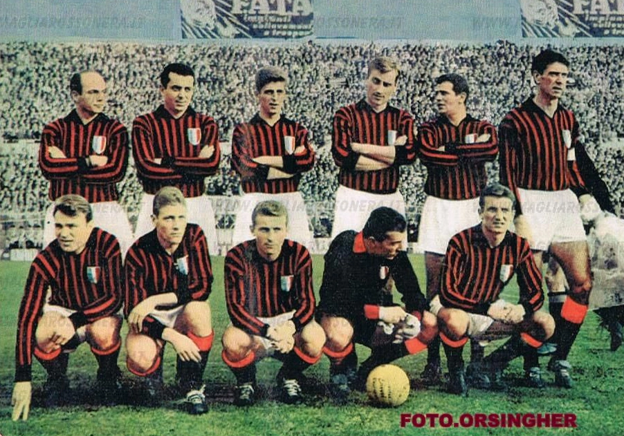 Milan, em 1962. Da esquerda para a direita, em pé: Dino Sani, Privatelli, Rivera, Barison, Del Vecchio e Maldini. Agachados: Mazzola, Radice, Trapattoni, Ghezzi e David. Foto enviada por Emmanuel Del Vecchio