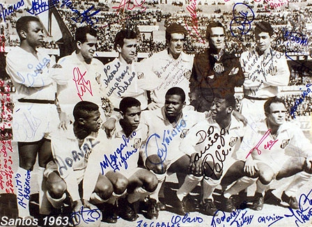 Em pé: Lima, Zito, Dalmo, Calvet, Gylmar e Mauro. Agachados: Dorval, Mengálvio, Coutinho, Pelé e Pepe.