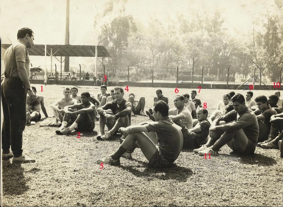 Em pé, o técnico Silvio Pirillo orienta seus jogadores durante treino do Palmeiras no campo do Esporte Clube Pinheiros no final de 1964. Legenda da foto: 1-Vavá; 2-Tupãzinho; 3-Candinho; 4-Picasso; 5-Vicente; 6-Zequinha; 7-Zezinho; 8-Ferrari; 9-Júlio Amaral; 10-Ademir da Guia e 11-Julinho Botelho. Foto: arquivo pessoal de Zezinho