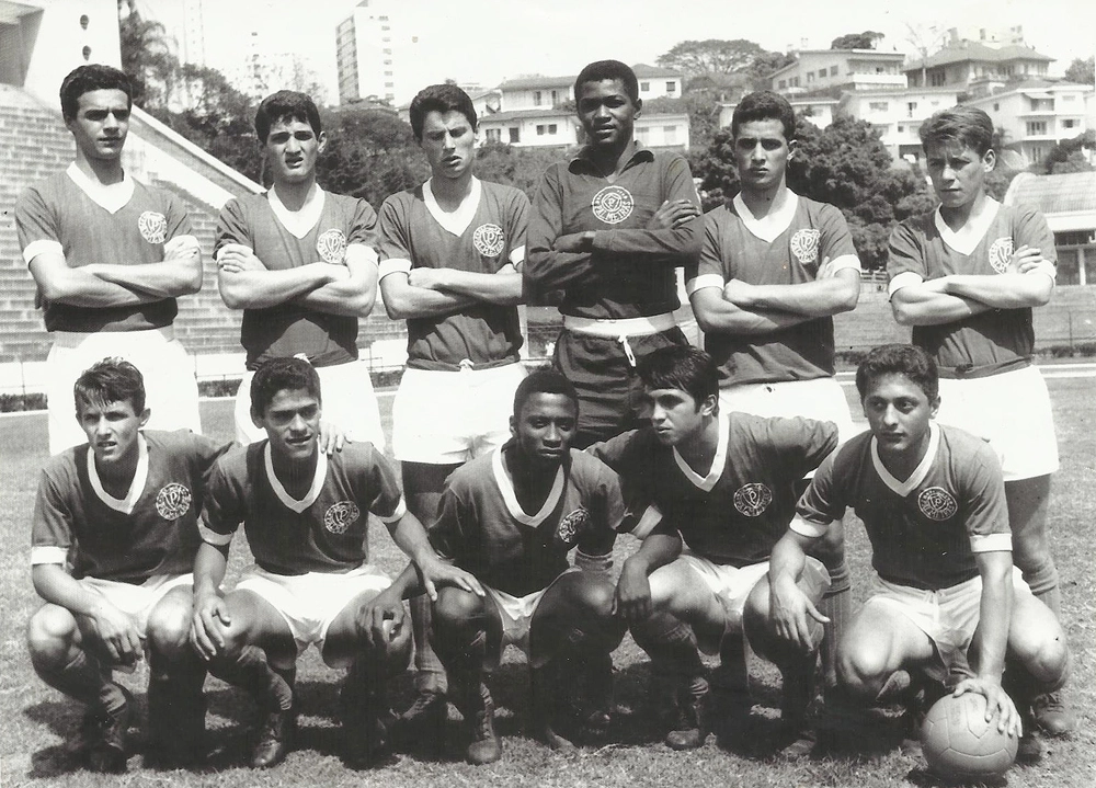 Aspirantes do Palmeiras no Pacaembu, em 1965. Em pé, da esquerda para a direita: Valdemir, Paulo, Candinho, Olavo, Júlio Amaral e Carlos Alberto. Agachados: Zé Carlos Mérola, Zezinho, Luis Carlos Feijão, Écio Pasca e Lourenço. Foto: arquivo pessoal de Zezinho