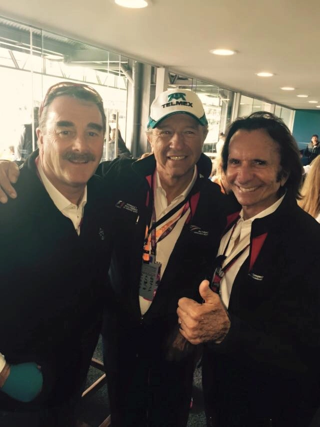 Em 31 de outubro de 2015, no Autódromo Hermanos Rodriguez, no México. Nigel Mansell, Jo Ramirez e Emerson Fittipaldi. Foto: arquivo pessoal de Emerson Fittipaldi
