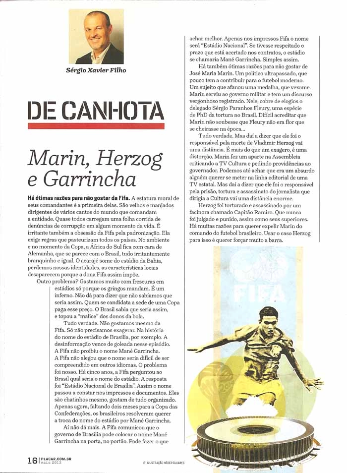 Na coluna de maio de 2013 da revista Placar, Sérgio Xavier fala sobre a Fifa. Foto: Reprod. Placar