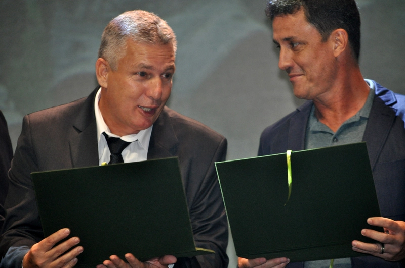 Daniel Frasson e Cláudio Guadagno em 28 de agosto de 2018, no Espaço das Américas, na festa de 104 anos do Palmeiras. Foto: Marcos Júnior Micheletti/Portal TT