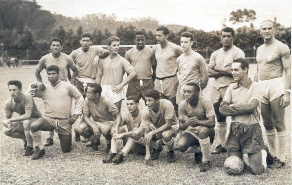 Garrincha é o primeiro em pé da esquerda. Zagalo é o terceiro em pé da esquerda e Gylmar está com a bola. Entre outros jogadores.