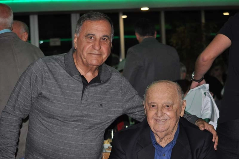 Bentivegna e Rubens Minelli em 20 de setembro de 2019, na festa de veteranos do Palmeiras, no restaurante Jardim Suspenso, no Palestra Itália. Foto: Marcos Júnior Micheletti/Portal TT