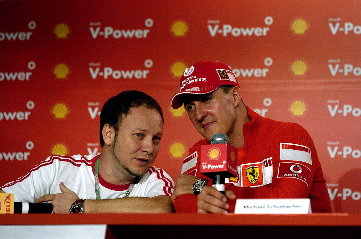 Em 2006, Flavio Gomes comandou a coletiva para a imprensa brasileira com Michael Schumacher em São Paulo. Foto: arquivo pessoal de Flavio Gomes