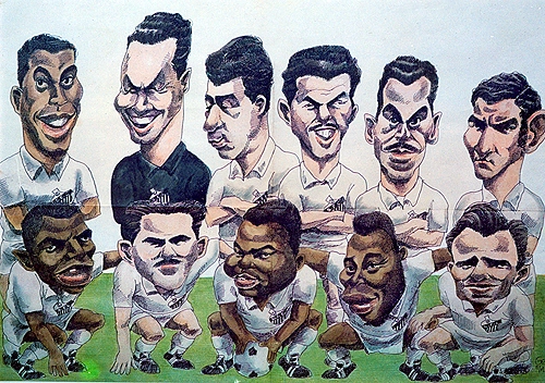 Santos de todos os tempos: Carlos Alberto Torres, Gylmar, Mauro, Calvet, Zito e Rildo. Agachados: Dorval, Antoninho, Coutinho, Pelé e Pepe.

