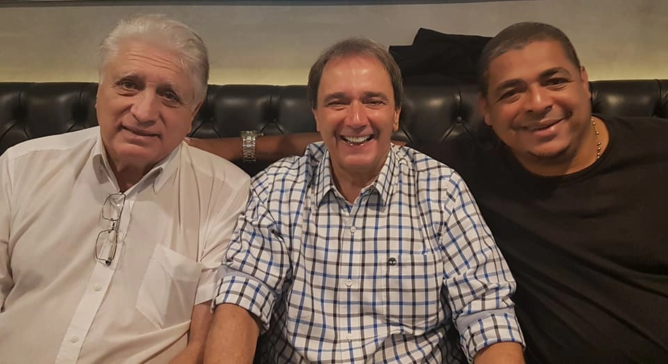 Marinho Peres, Reginaldo Leme e Vampeta em 03 de junho de 2017, no Estúdio Becca, em Higienópolis, região central de São Paulo, acompanhando a final da Liga dos Campeões, entre Juventus e Reald Madrid. O Real venceu por 4 a 1. Foto: Alex Ruffo