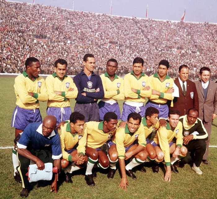 Da esquerda para a direita, em pé: Djalma Santos, Zito, Gylmar dos Santos Neves, Zózimo, Nilton Santos e Mauro Ramos de Oliveira. Agachados: Mário Américo, Garrincha, Didi, Vavá, Amarildo e Zagallo. Foto: Reprodução/In My Ear