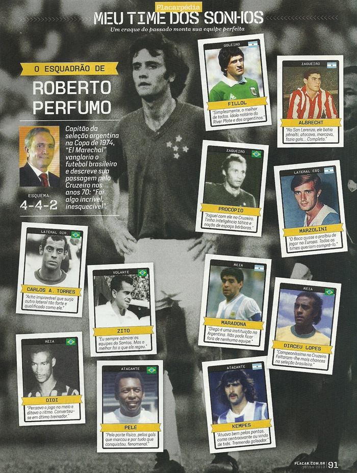 Roberto Perfumo escalou assim sua Seleção de todos os tempos. Goleiro: Fillol; zagueiros: Albrecht e Procópio; laterais: Marzolini e Carlos Alberto Torres; volante: Zito; meias: Maradona; Dirceu Lopes e Didi; atacantes: Pelé e Kempes. Imagem: Placar