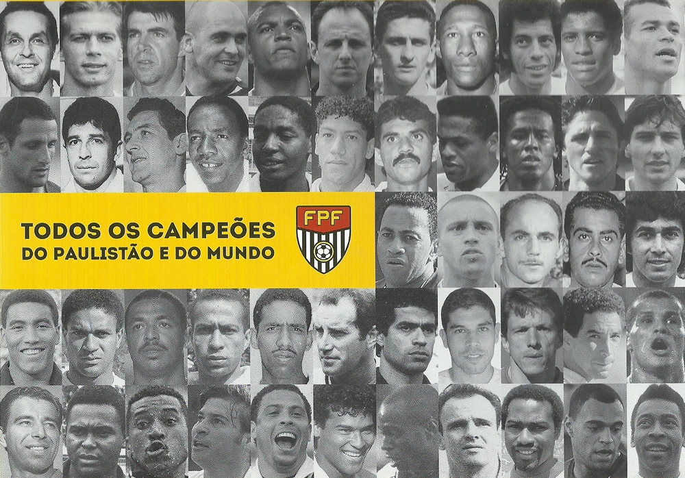 Capa do calendário da Federação Paulista de Futebol do ano de 2018, mostrando os jogadores campeões do Paulista e da Copa do Mundo. Na primeira linha, da esquerda para a direita, veja Gylmar dos Santos Neves, Emerson Leão, Zetti, Marcos, Dida, Rogério Ceni, De Sordi, Djalma Santos, Carlos Alberto Torres, Zé Maria e Cafu. Na segunda linha, veja Belletti, Mauro Ramos, Orlando Peçanha, Jurandir, Joel Camargo, Márcio Santos, Ricardo Rocha, Ronaldão, Roque Jr., Edmilson e Leonardo. Na terceira linha, veja Júnior, Roberto Carlos, Dino Sani, Zito e Clodoaldo. Na quarta linha, veja Mauro Silva, Mazinho, Vampeta, Zequinha, Mengálvio, Gérson, Raí, Ricardinho, Juninho, Zinho e Rivaldo. Na quinta linha, veja Vavá, Coutinho, Viola, Luizão, Ronaldo, Muller, Edilson, Pepe, Edu, Denilson e Pelé.