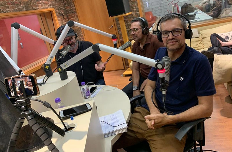 Lélio Teixeira, Vanderlei Luxemburgo e Frank Fortes nos estúdios da KISS FM, de São Paulo, no dia 06 de fevereiro de 2020. Foto Rosangela Alves/Kiss FM