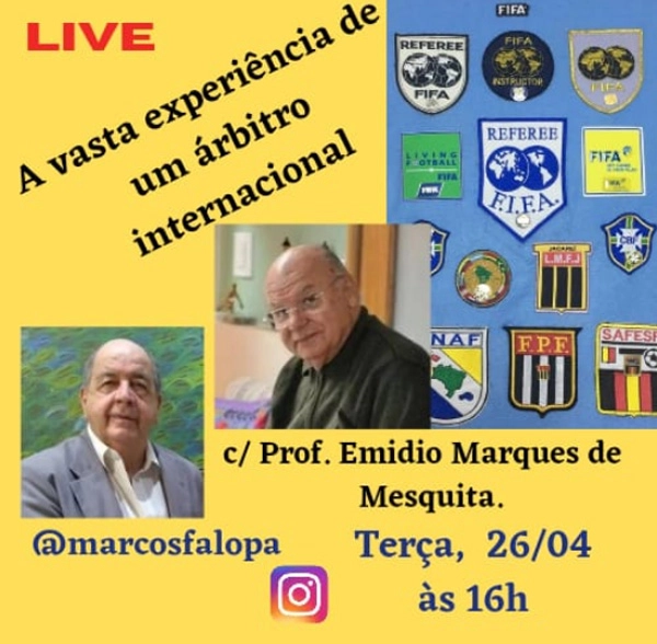 Chamada para a participação de Emídio na live do treinador Marcos Falopa em 26 de abril de 2022