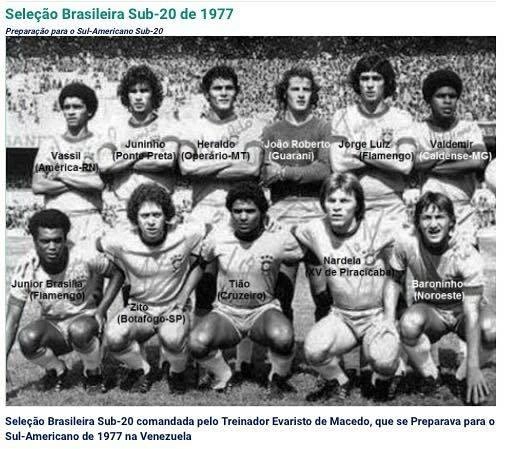 Seleção Brasileira Sub-20 comandada pelo treinador Evaristo de Macedo, de 1977. Em pé, da esquerda para a direita estão: Vassil América-RN), Juninho (Ponte Preta), Heraldo (Operário-MT), João Roberto (Guarani), Jorge Luiz (Flamengo) e Valdemir (Caldense-MG). Agachados, no mesmo sentido: Junior Brasília (Flamengo), Zito (Botafogo-SP), Tião (Cruzeiro), Nardela (XV de Piracicaba) e Baroninho (Noroeste). Foto: reprodução
