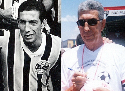 Veja como era e como está Sérgio Lopes. Na esquerda, foto de 1968, quando atuava na meia do Grêmio. Na direita, Sérgio em foto do dia 15 de novembro de 2005, em mais uma das festas de ex-jogadores organizadas pelo São Paulo FC.
