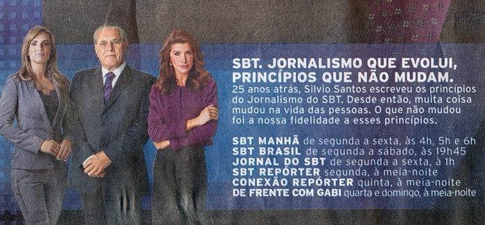 Anúncio do SBT, publicado na Folha de S. Paulo no dia 31 de março de 2013