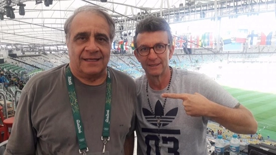 O narrador Oliveira Andrade e o comentarista Neto, nos jogos olímpicos do Rio de Janeiro, em 2016. Foto: reprodução