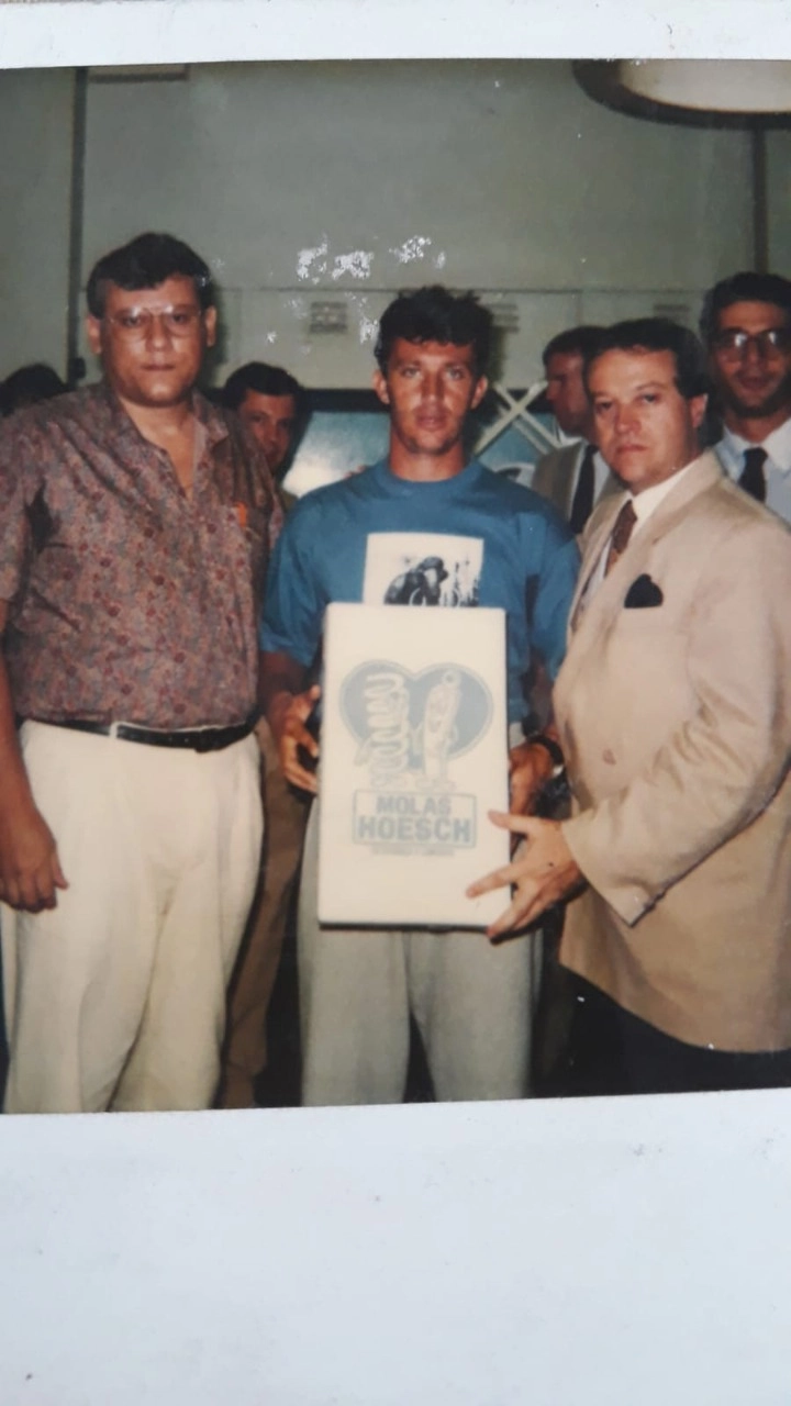 Milton Neves, Neto e Rubens Miranda em evento corporativo da empresa Molas Hoesch na década de 1990