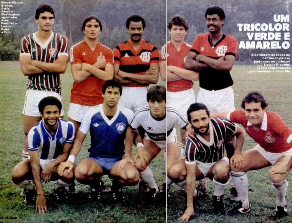 Refor&ccedil;os do Flu, nos anos 80. Em p&eacute;, da esquerda para a direita: Ricardo Gomes, Branco, Assis, Jandir e Washington. Agachados: Aldo, Paulo Vitor, Leomir, Delei e Tato. Foto: Reprodu&ccedil;&atilde;o/Revista Placar