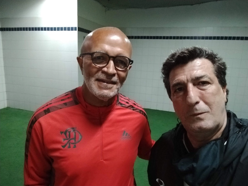 Em outubro de 2021, Jayme de Almeida e Carlos Alberto Spina (ex-Matsubara) na Arena Barueri, na Grande São Paulo. Foto: arquivo pessoal de Carlos Alberto Spina