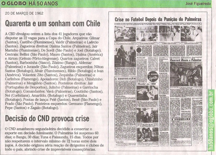 Veja que, em 20 de março de 1962, Benê estava na seleção de 41 jogadores que poderiam vestir a camisa brasileira no Mundial do Chile - Publicação no Jornal O Globo de 21/03/2012.