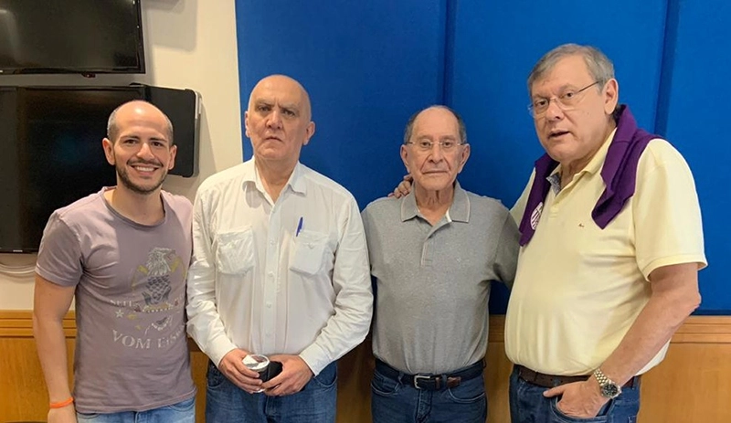No dia 15 de março de 2020, nos estúdios da Rádio Bandeirantes: Guilherme Cimatti, Claudio Zaidan, José Silvério e Milton Neves. Foto: Arquivo Pessoal/Cimatti