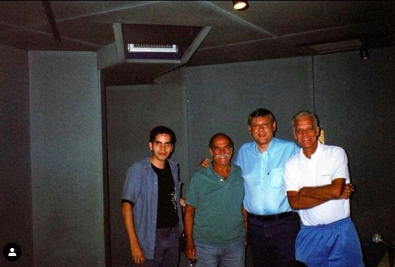 Em 2000, na Rádio Jovem Pan, Fredy Júnior, Lima Duarte, Milton Neves e Ademir da Guia. Foto: arquivo pessoal de Fredy Júnior