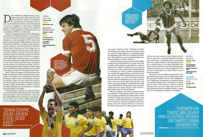 Veja a reportagem da revista Placar, que compara Dunga e Renato Gaúcho, na edição 1381, em agosto de 2013. Na foto, ainda aparecem perfilados com o uniforme do Brasil, da direita para a esquerda: Dunga (na Copa de 94 com a taça), Muller, Dunga (novamente), Jorginho, Taffarel, Valdo, Aloísio,Renato Gaúcho (que aparece também nas fotos do canto superior direito). Imagem: Placar