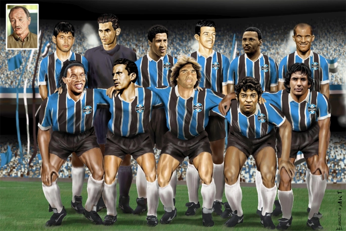 Em pé, da esquerda para a direita: Arce, Lara, Airton, Calvet, Everaldo e Dinho. Agachados: Ronaldinho, Gessi, Renato, Alcindo e Éder. Técnico: Luiz Felipe Scolari. Foto: Revista Placar
