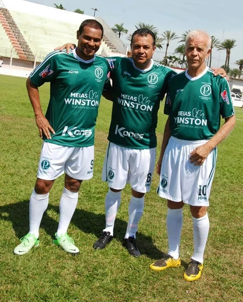 Muller, Jorge Júnior e Ademir da Guia antes do jogo da seleção de ex-jogadores do Palmeiras x Bandeirante F.C de Birigui SP em 08 de dezembro de 2013, em Birigui-SP. Foto enviada por Jorge Júnior