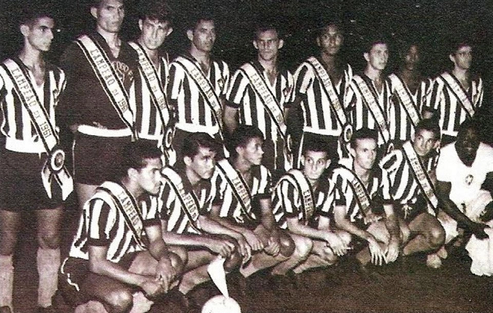 Botafogo com as faixas de Campeão Carioca de 1961. Da esquerda para a direita, em pé: Rildo, Manga, Zé Maria, Nilton Santos, Airton, Chicão, Paulistinha, Didi e Pampolini. Agachados: Garrincha, China, Amarildo, Edson, Zagallo, Amoroso e o massagista. Foto enviada por José Eustáquio