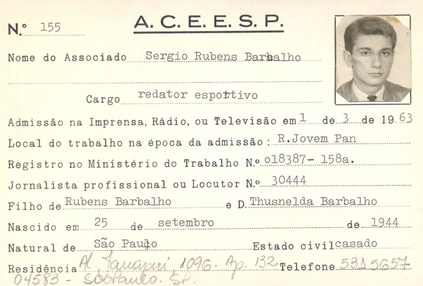 Veja a ficha de filia&ccedil;&atilde;o de S&eacute;rgio Barbalho na Associa&ccedil;&atilde;o dos Cronistas Esportivos do Estado de S&atilde;o Paulo
