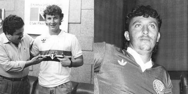 Neto teve uma breve passagem pelo São Paulo em 1987 (o craque recebeu a camisa das mãos de Carlos Miguel Aidar). Em 1988, passou pelo Palmeiras, mas após atritos com o técnico Leão, acabou negociado com o Corinthians, clube pelo qual viveu a melhor fase de sua carreira. Foto: UOL