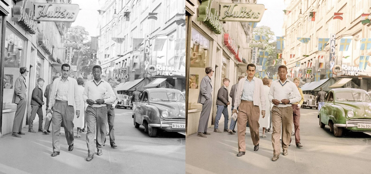 A mesma foto, a original à esquerda, e colorizada à direita, do passeio de Zito e Pelé no centro de Estocolmo durante a Copa da Suécia, em 1958. Reprodução